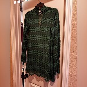 FREE PEOPLE Green Lace Long Sleeve Dress Bell Sleeves